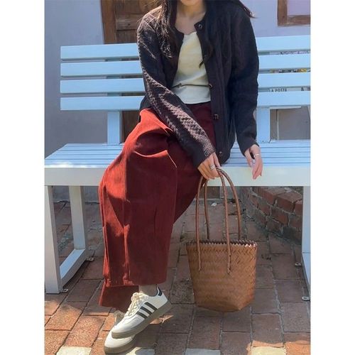 Angola Red Autumn/Winter Fleece Lined Thick Corduroy Wide Leg Pants for Petite Figures, Slimming Loose Large Size Pants for Plus Size Women
