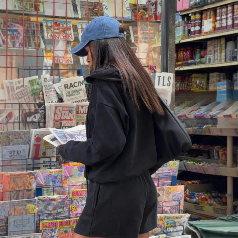 跨境外贸欧美街头风休闲套装纯色长袖拉链开衫外套系带长裤二件套|undefined