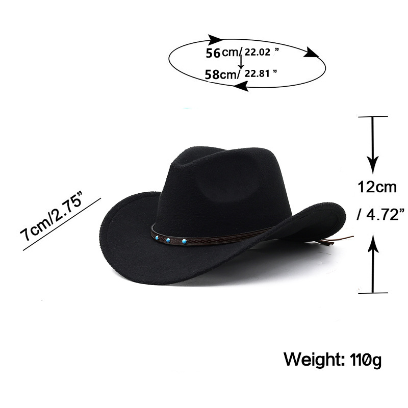 Cappello unisex semplice deformato cappello jazz in lana cappello a cilindro blu turchese cintura tinta unita cappello da cowboy western_voghion.com