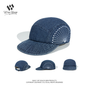 New Japanese blue dyed denim soft top peaked cap chrysanthemum embroidered Street versatile short brim baseball hat