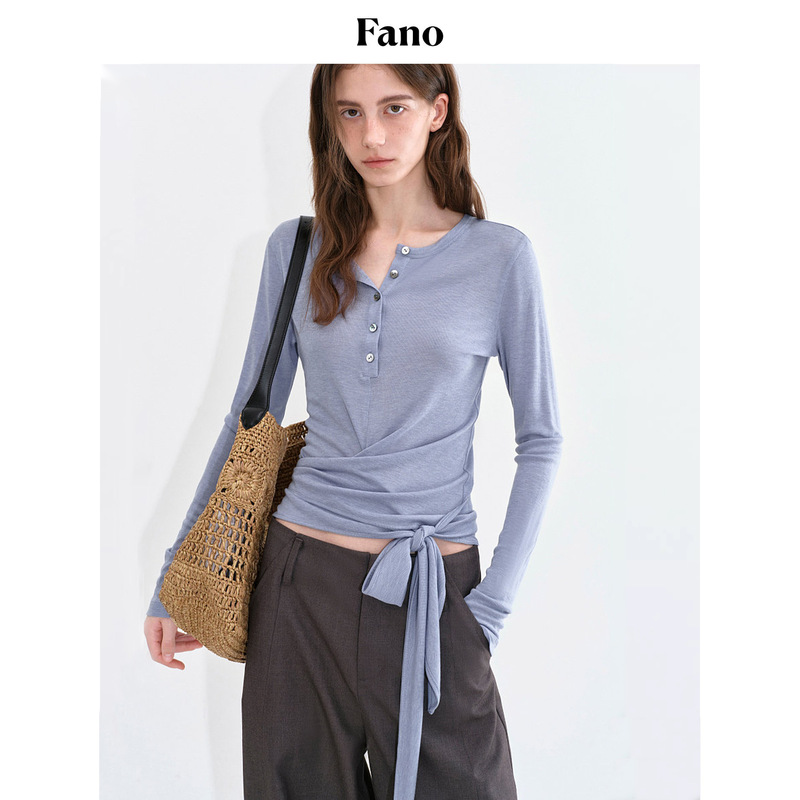 Fano Tencel Wool Blend Long-Sleeved T-Shirt for Women 2026 Spring High-End Slim-Fit Tie-Up Top