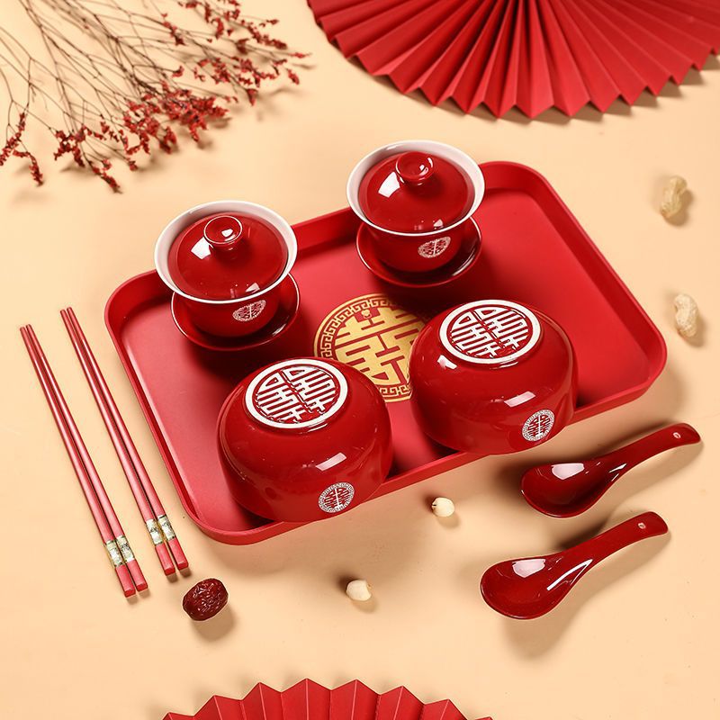 Delightful Wedding Bowls & Teacups: A Pair of Red Ceremony Cups for Toasting, Plus a Set of Bridal Chopsticks, Bowls, and Tea Utensils