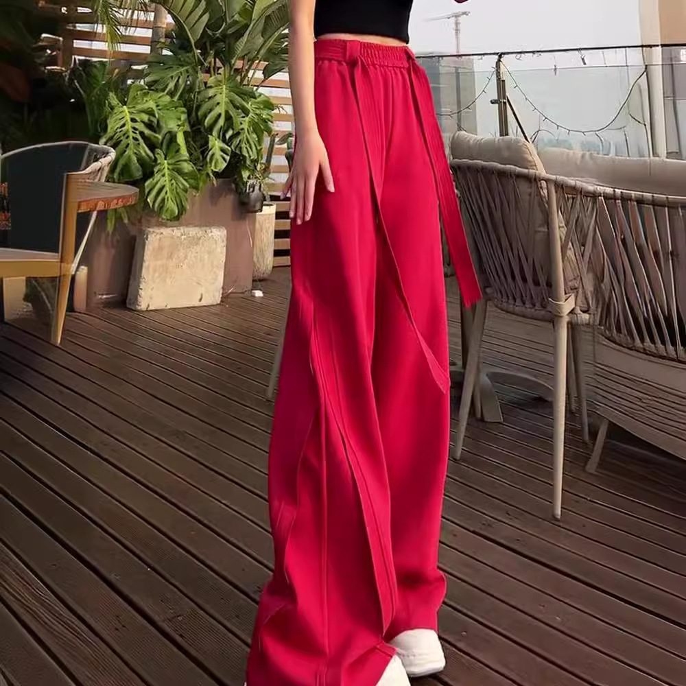 Red Straight-Leg Loose Casual Pants for Women 2025 New Style High-End Petite Drape Wide-Leg Pants Casual Versatile