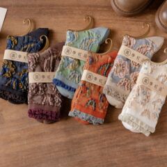 襪子女春夏新款花邊中筒女襪銀絲立體抽象花朵宮廷復古歐美純棉襪