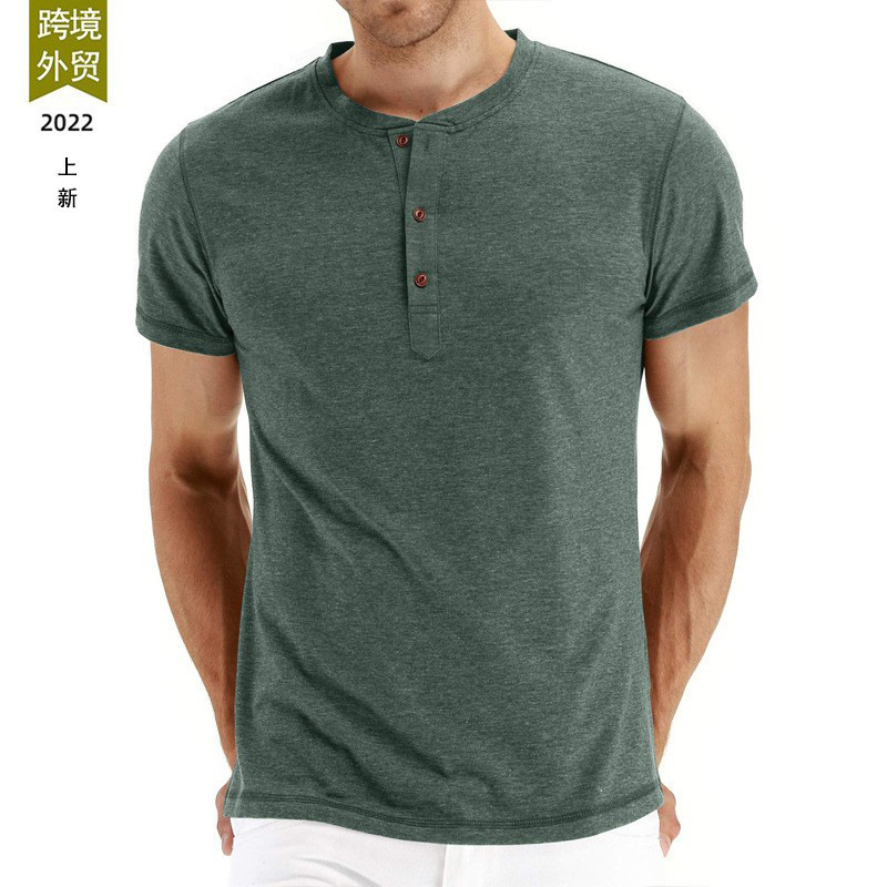 Foreign Trade Summer New Men's Short-Sleeved T-Shirt Men's Cross-Border Pure Color European and American Amazon Henry Men's Half-Sleeved Shirt