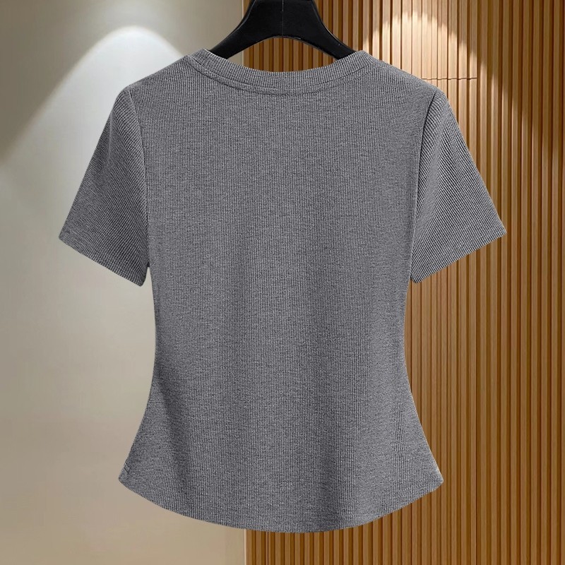 直送で好評！100％綿の純綿半袖Tシャツ、女性用、おしゃれで着痩せ効果のあるプリーツ加工、重厚なラインストーン装飾トップス|undefined