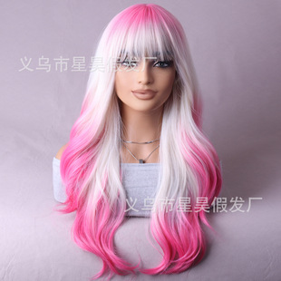 Europe and the United States new mixed color wig neat bangs long wave wig high temperature chemical fiber silk cross-border wholesale wigs