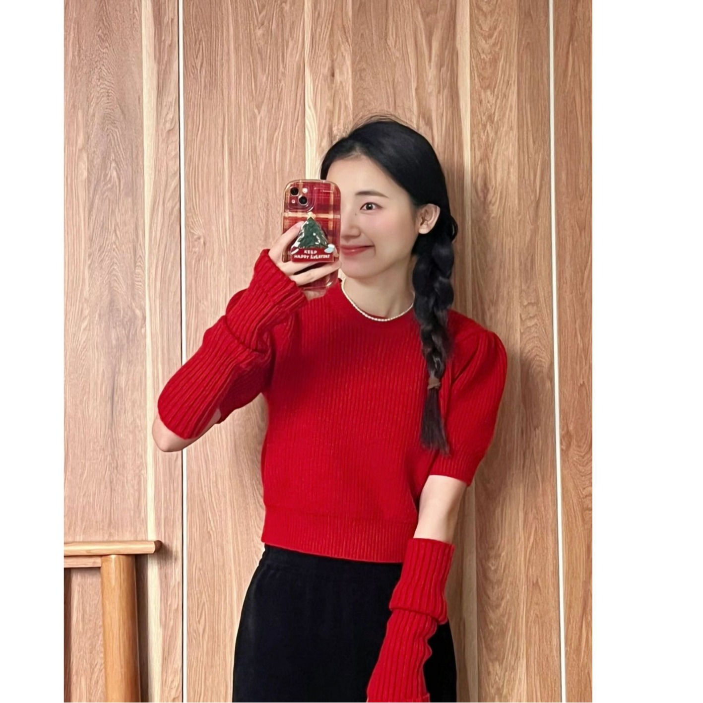可拆卸袖套新年红色圆领毛衣女2024春季设计感修身短款针织衫上衣
