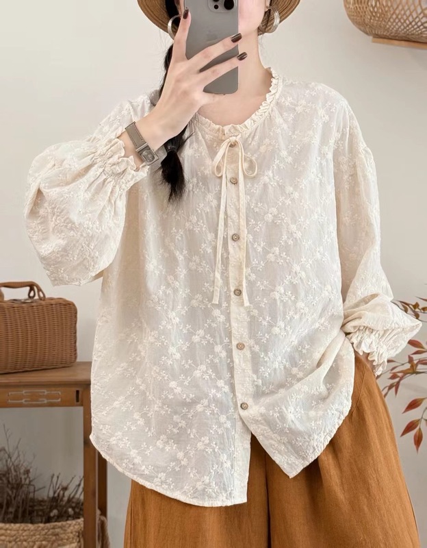 新品甜美花边系带衬衣女气质百搭叠穿长袖衬衫|undefined