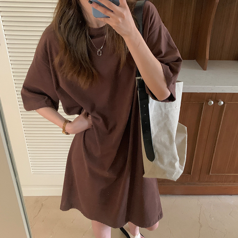 여성을위한 순수 코튼 라글란 백 칼라 드레스 여름 새로운 한국 스타일 느슨한 중간 길이 반팔 티셔츠 드레스 여성을위한