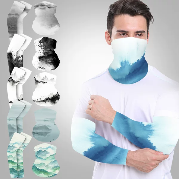 Summer Outdoor Sunscreen Ice Silk Sleeve National Style Ink Printing Ice Sleeve Cycling Sports Sunshade Breathable Magic Headscarf