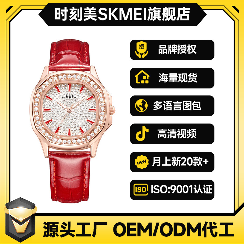 莱宾吉轻奢镶钻表盘满天星女士手表真皮表带高颜值石英女表批发