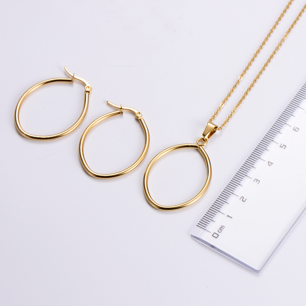 Korean glossy stainless steel oval necklace earrings set wholesale