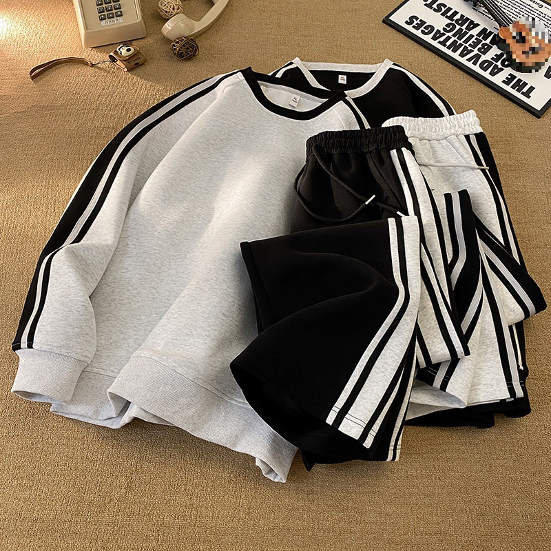 Cross-Border Wholesale Contrasting Color Striped Casual Sports Suit Men's Autumn Long-Sleeved Sweatshirt and Trousers with Two-Piece Black Set