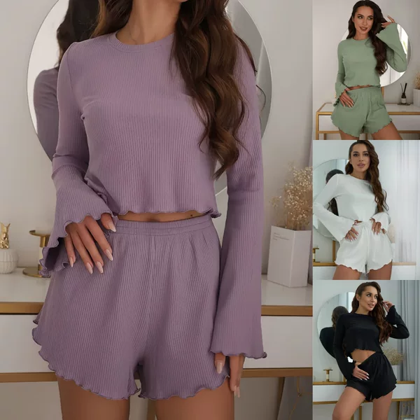 Wildberries cross-border European and American long-sleeved shorts autumn and winter round neck pajamas two-piece women's home clothes