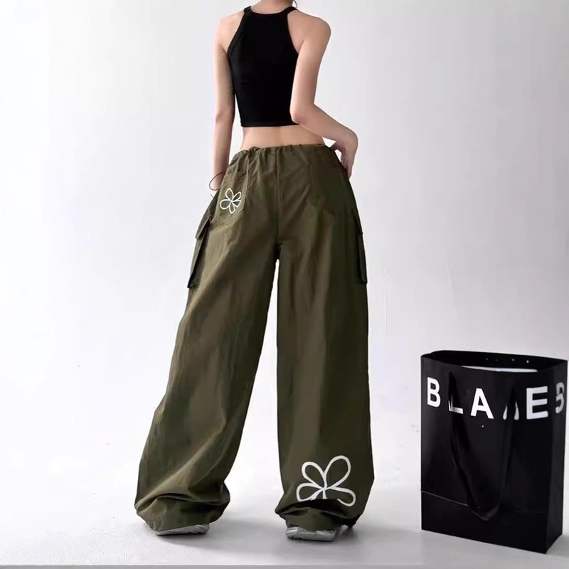 アメリカンワークウェアワイドレッグパンツ女性用2025新しいホットスタイル夏巾着ハイウエストプリントデザインフロアレングスパンツトレンディ|undefined