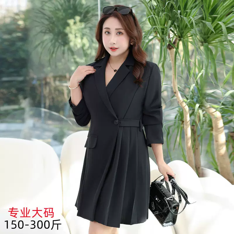 大码女装春季新款港风复古女装Chic气质翻领收腰西装连衣裙8503