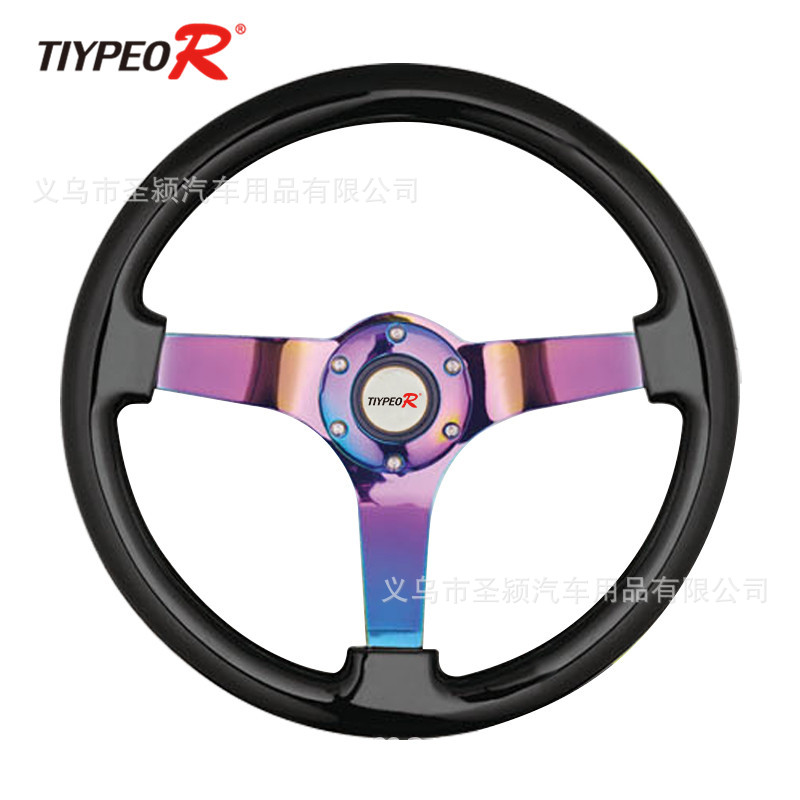 炫目镀彩深凹赛车14寸/350MM实木烤漆典雅黑色木制改装汽车方向盘