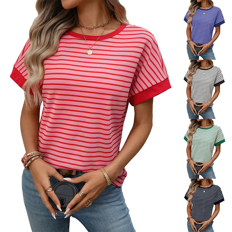 2026 European and American Cross-Border Amazon Tiktok Summer New Women's Casual Round Neck Splicing Short-Sleeved Tops T-Shirt