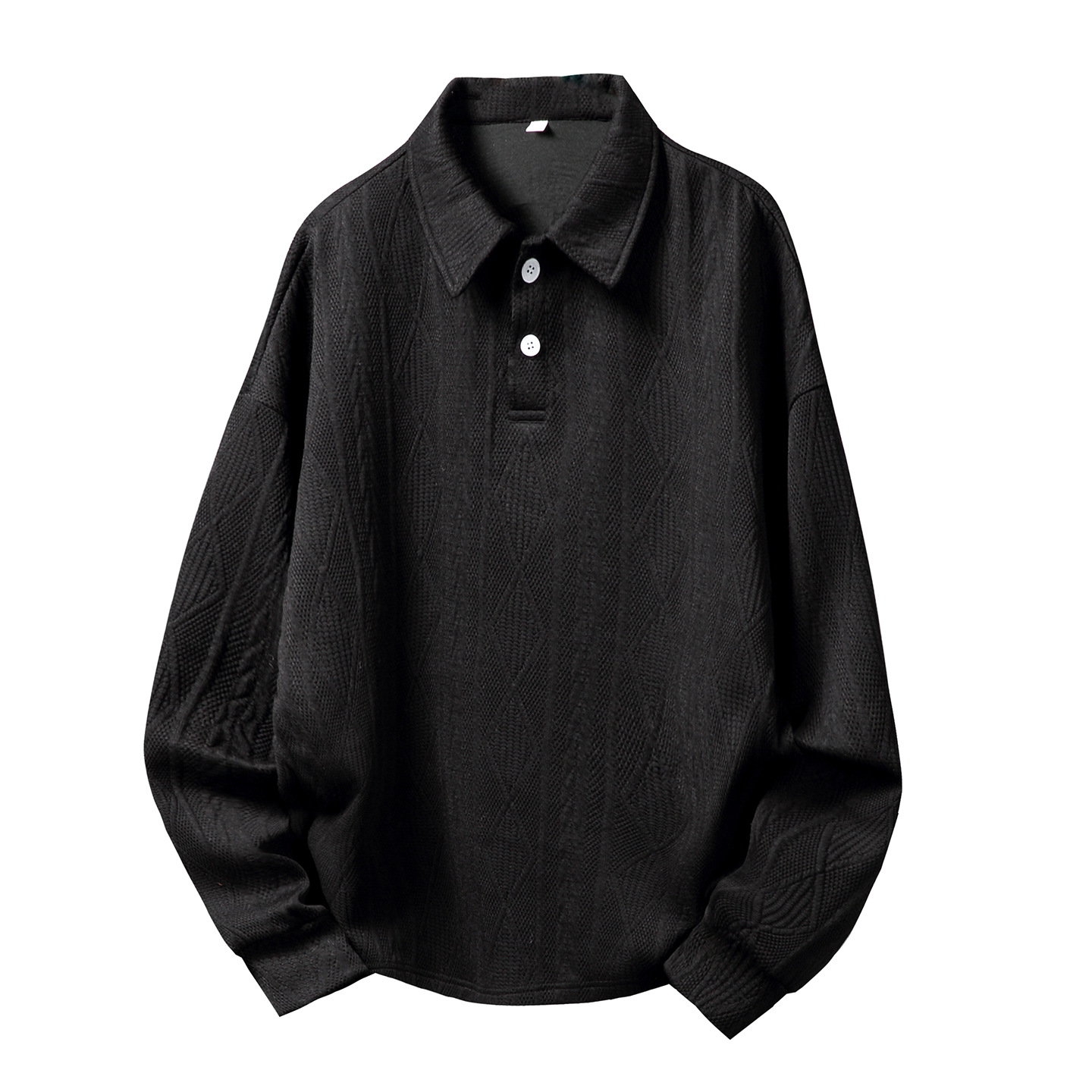 Heavyweight Textured Jacquard Polo Sweatshirt – Vintage-Inspired Unisex Long Sleeve Collared Pullover, Relaxed Fit Retro Ivy League Style_viptrois.com