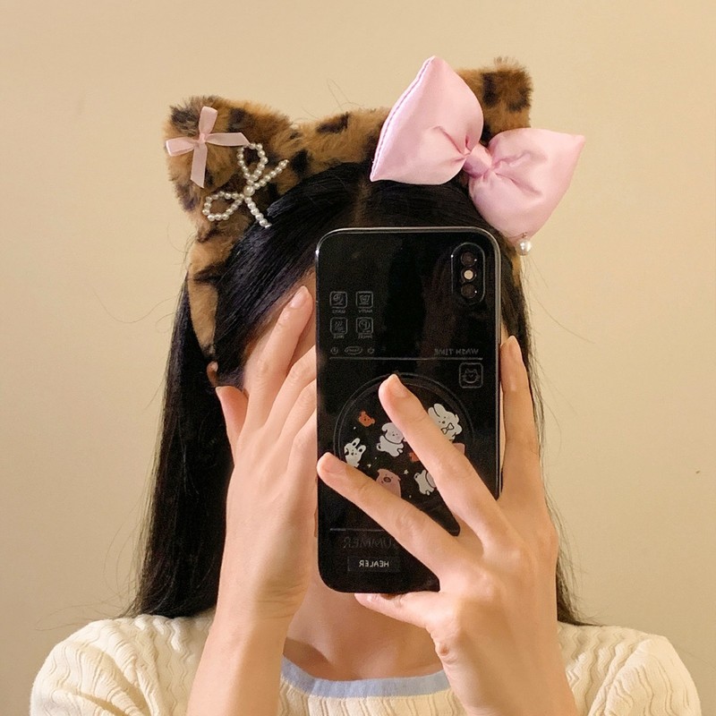 甜酷豹纹结kitty猫耳朵毛绒发箍女可爱卡通发卡洗脸头箍秋冬|undefined