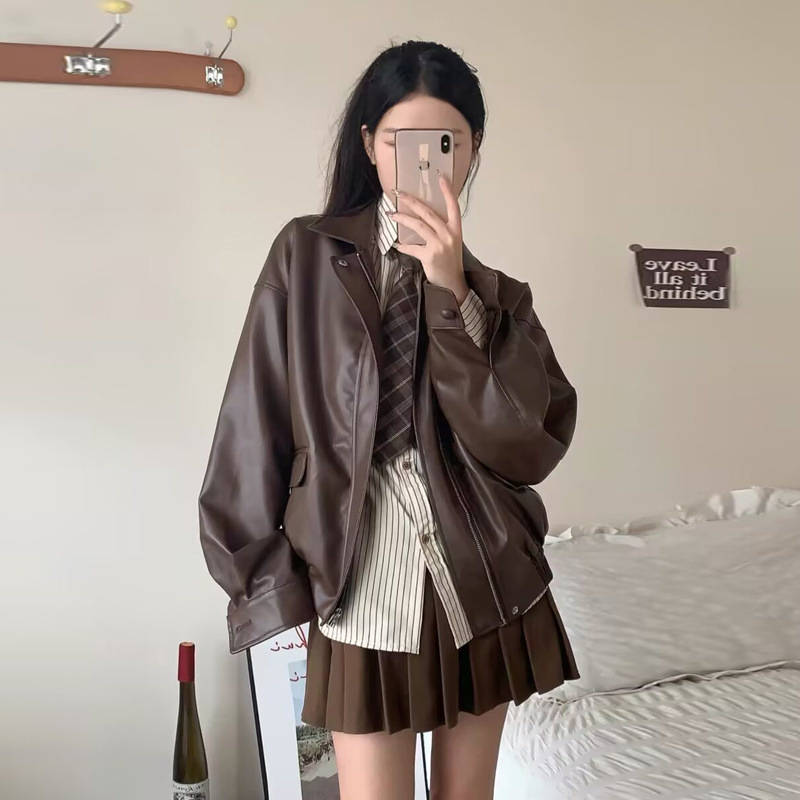 Ankora Red Leather Short Jacket Female Student Spring and Autumn New American Retro Baseball Jacket Leather Jacket Top