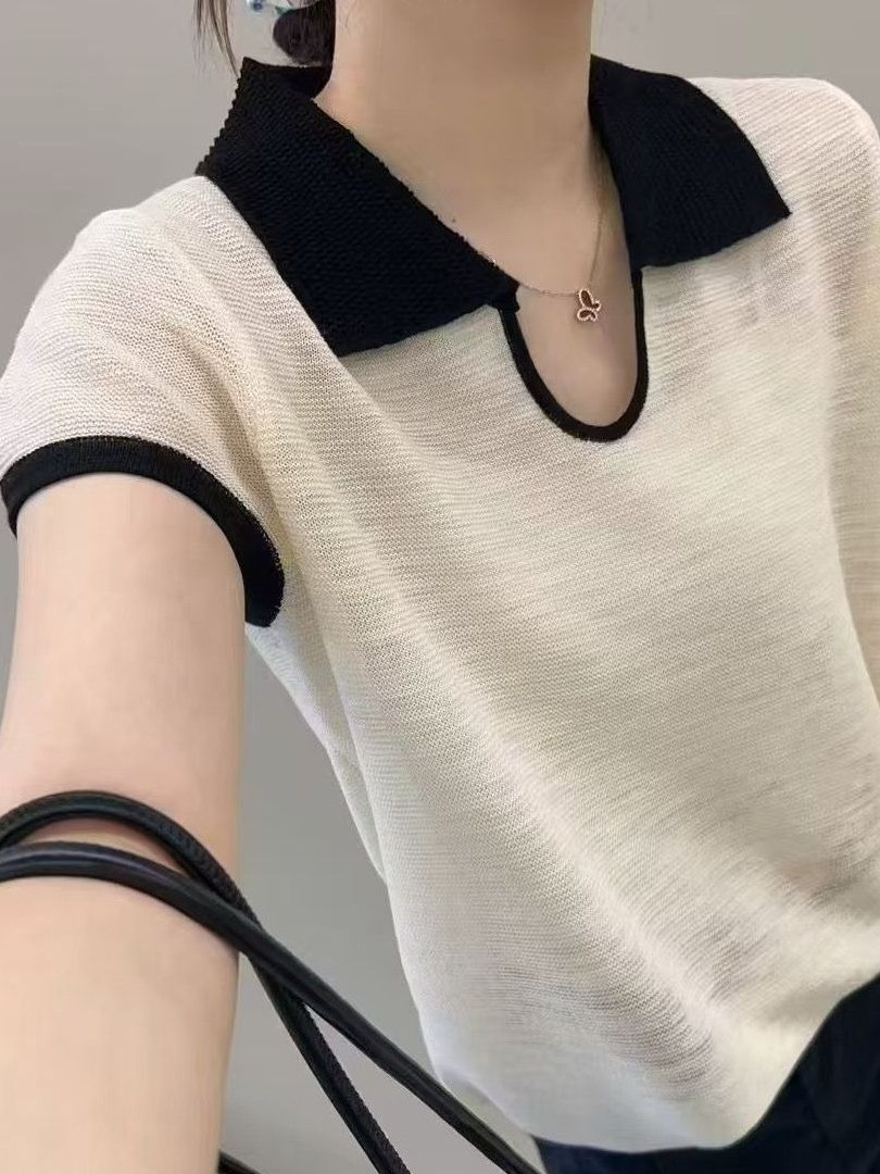 Áo len dệt kim phối màu cổ Đức tay dài nữ — Trắng