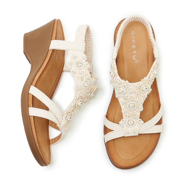 Sandal đế xuồng đính đá hoa nữ gót cao 9 cm — màu đen, trắng, quả mơ chi tiết 34