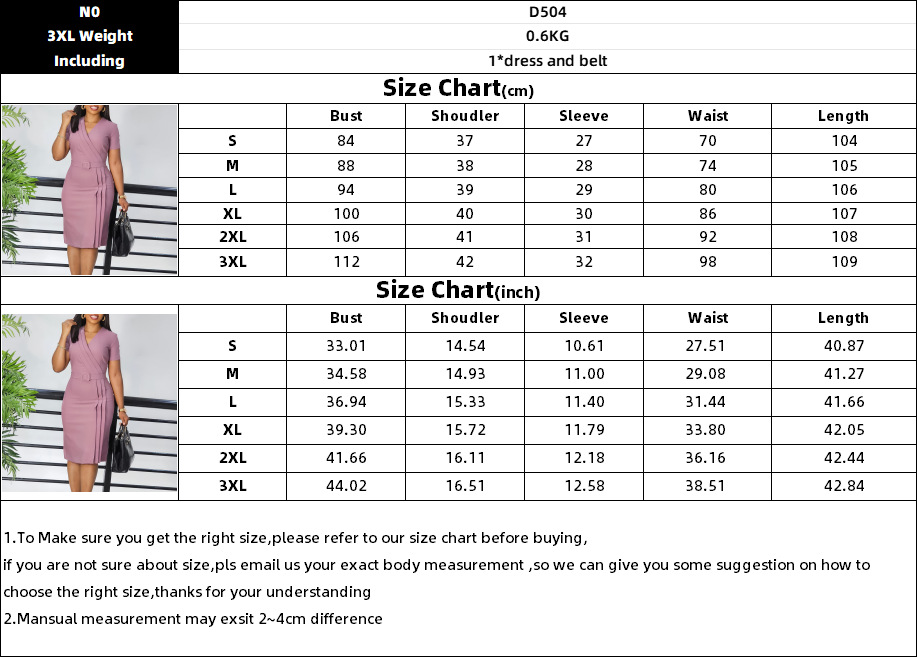 385g Weight Knee-Length Dress Length Type Short Sleeve Sleeve Length Sheath Dress Dresses Type Regular Sleeve Sleeve Type Spandex, Polyester Fabric Type Mid Waist Waist Line Holiday, Daily Occasion V Neck Neckline Slim Fit Type Solid Color Pattern Summer, Spring Season Women's Gender Belt Design Elegant Style Wholesale Women's Elegant Belt Solid Color Holiday Daily V Neck Short Sleeve Sheath Dress 无