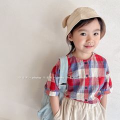 2024 South Korean Children's Summer New Arrival Girls' Summer Wear Korean Style Hemp Cotton Short-Sleeve Shirt Boys' Shirt 122273
