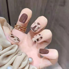 Autumn/Winter Brown Leopard-Print Wearable Fake Nails with Detachable Bow-Knot Short-Style Ready-Made Nail Tips & Manicure Stickers