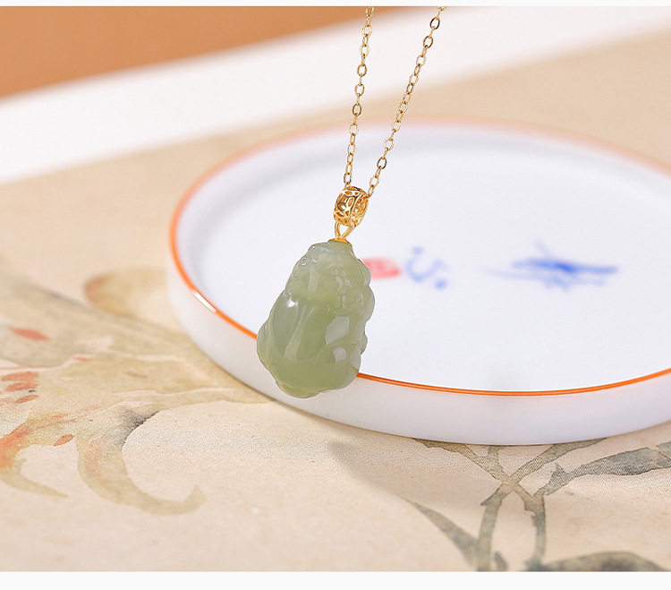 Mặt dây chuyền bạc S925 mạ vàng đá ngọc bích hình đồng xu Tỳ Hưu phong cách tân cổ điển — Mặt dây chuyền đơn (không kèm dây) chi tiết 6
