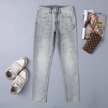 新塘春季新款浅色水洗烫钻牛仔裤男潮流修身小脚潮男时髦长裤子男