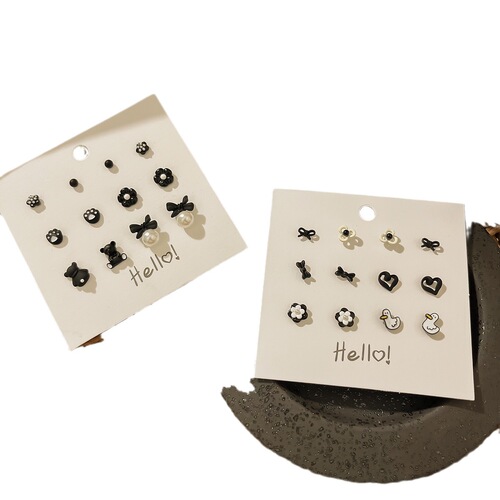 s925 autumn/winter new black earring set simple versatile elegant atmospheric fashionable earrings white-enhancing sweet earring accessories