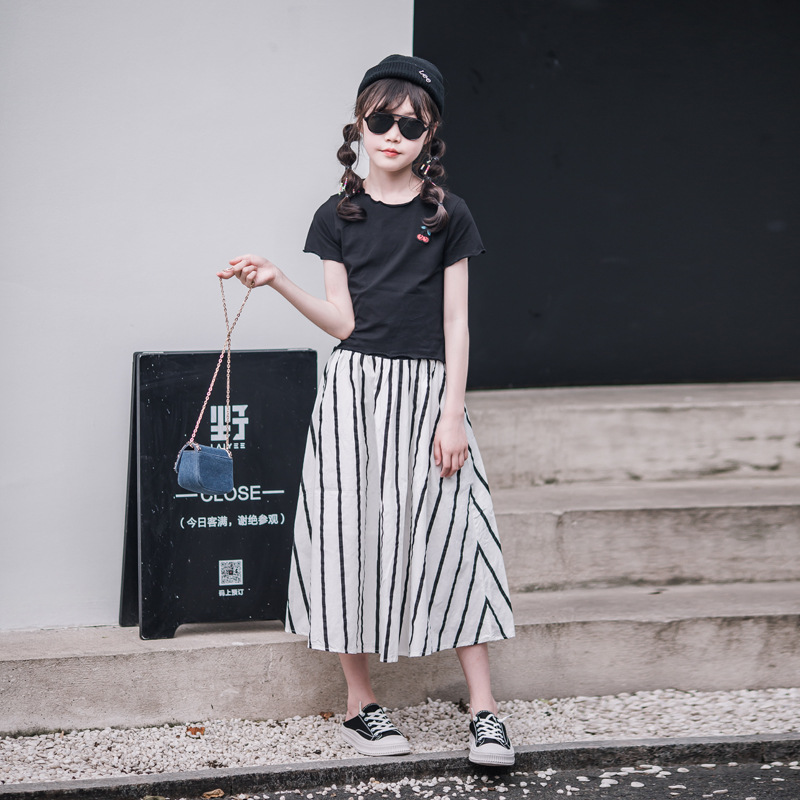 Estilo coreano ropa para niños verano Nuevas niñas niños padre-hijo forro de cinturón de algodón puro cintura elástica rayas verticales falda de línea A