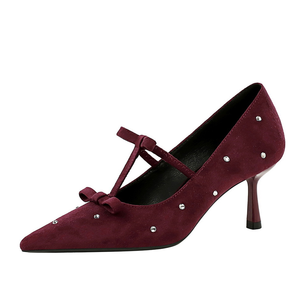 9517-1 Women's High Heels With Bowknot, Elegant And Sexy, Thin Heel, Shallow Mouth, Suede, Pointed Toe, Rhinestone,_vogvips.com