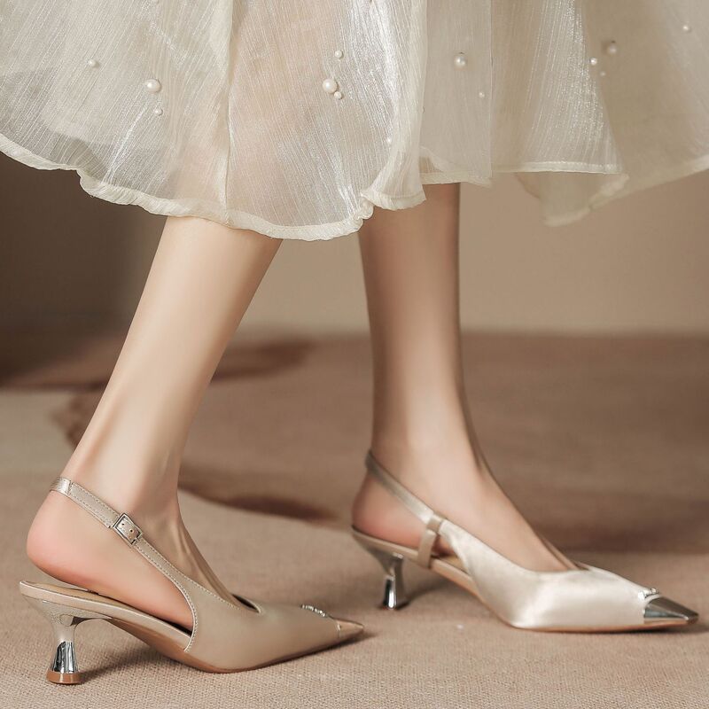 H6883-9 beautiful high heels women's half closed toe back empty women's sandals steel toe stiletto heel Daily shoes women's flat surface