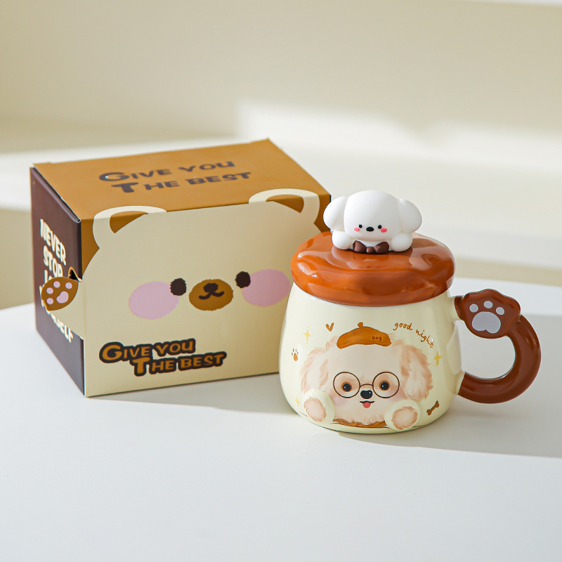 Taza de cerámica de alto valor nominal ins para cachorros con tapa para casa encantadora pareja taza de café para desayuno para acompañantes taza de regalo