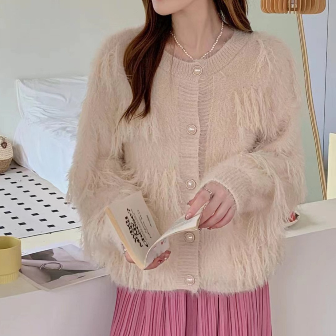 Otoño e Invierno nuevo estilo suave abrigo Faux visón terciopelo prendas de vestir exteriores suéter moda borla punto cardigan abrigo para mujeres