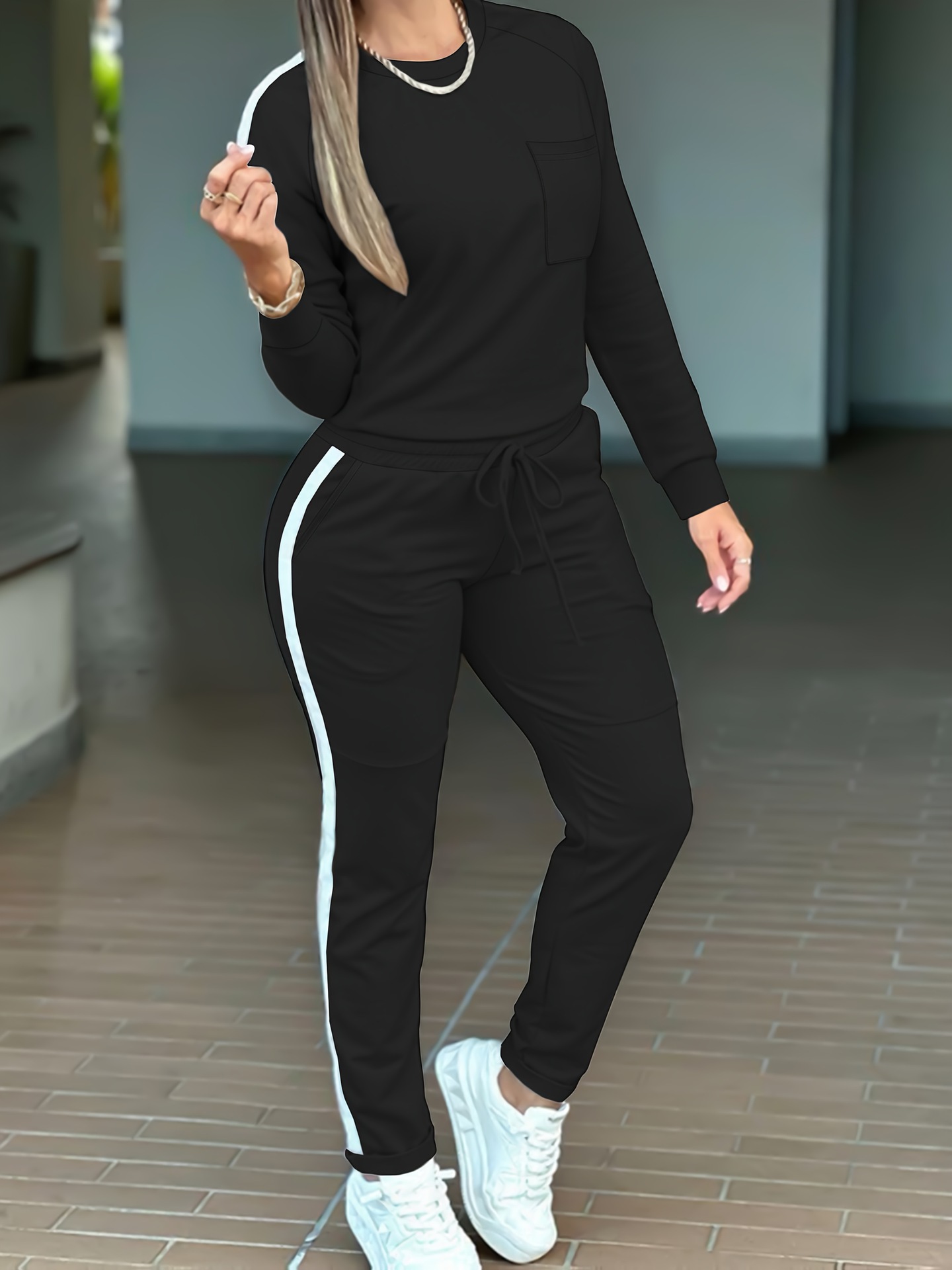 Women's Autumn Winter 2 Piece Set round Neck Long Sleeve T-Shirt High-Waisted Tapered Pants European American Style Casual Outfit_ecoleips.com