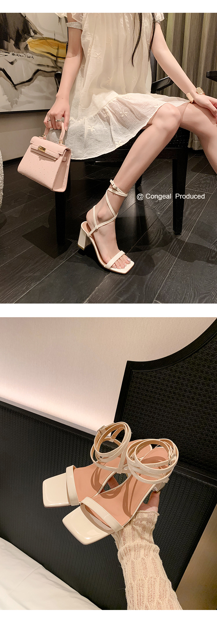 Sandal cao gót nữ hở mũi quai chân phong cách tiên nữ gót thô — Màu đen chi tiết 26