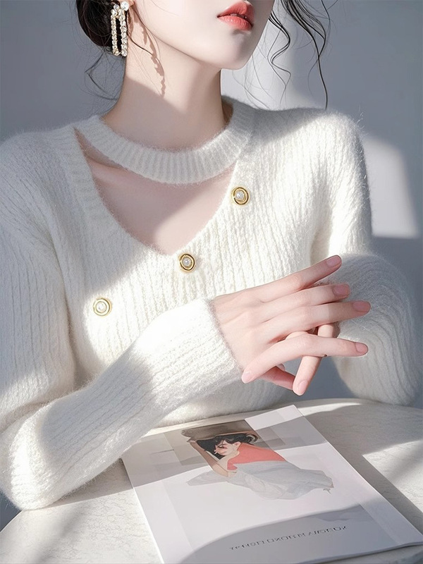 2025春秋冬欧货白色挂脖镂空毛衣打底衫女款修身显瘦内搭针织删|undefined