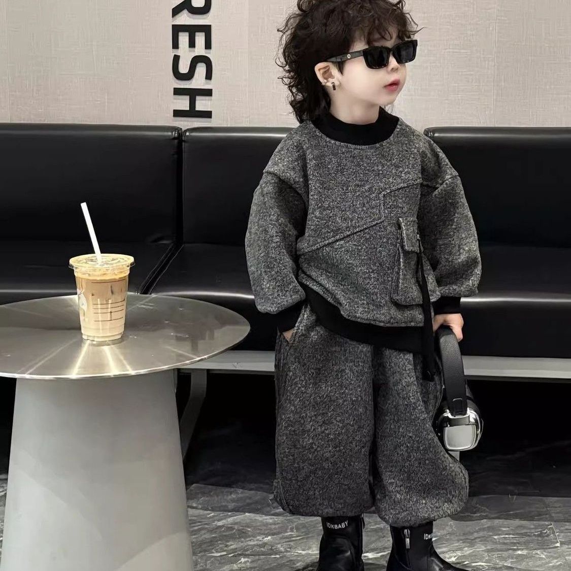 新款男童加绒套装秋2025洋气秋卫衣韩版酷帅束脚裤童装儿童两件套