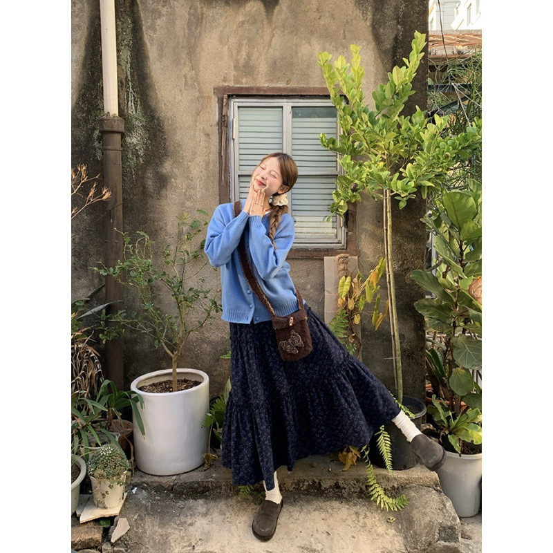 网图 A字甜美腰木耳边碎花半身裙女秋冬中长款百搭花边裙子|undefined