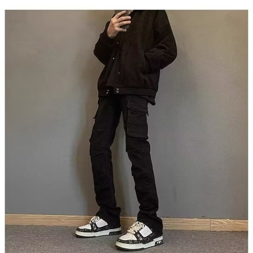 Straight-leg, slightly flared, plus-size workwear pants—unisex, American-style retro casual trousers with a low-rise, pear-shaped fit