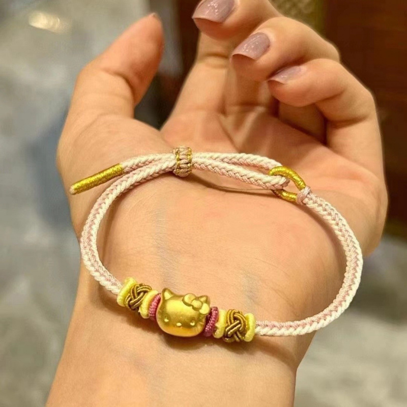 2026 Shuibei Gold Hot-Selling Hello Kitty Bracelet for Girls, Pure Gold 999, Fortune Bead, Handmade Woven Leather