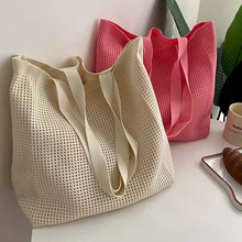 慵懒风编织单肩包包女松驰感简约手提包糖果针织镂空大容量托特包