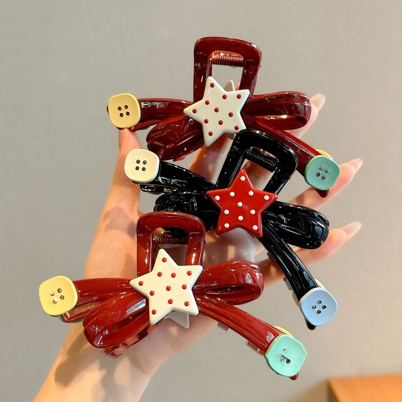 Diversión de contraste de color ondulado punto estrella agarrar clips de botón de arco grande clips de tiburón medio clip de cabello agarrar el cabello
