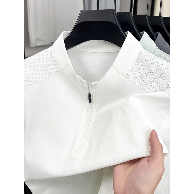 桑蚕丝t恤男短袖纯色夏季男士立领宽松吸汗透气运动速干体恤衫男