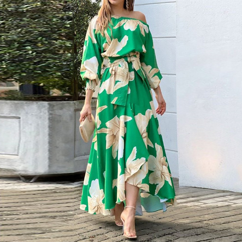 Women's Regular Dress Vacation Oblique Collar Printing Bowknot Long Sleeve Printing Maxi Long Dress Holiday Beach display picture 3